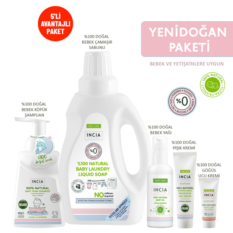 Natural Newborn Baby Set – Baby Massage Oil, Nipple Care Cream, Laundry Soap, Anti-Diaper Rash Cream and Baby Shampoo
